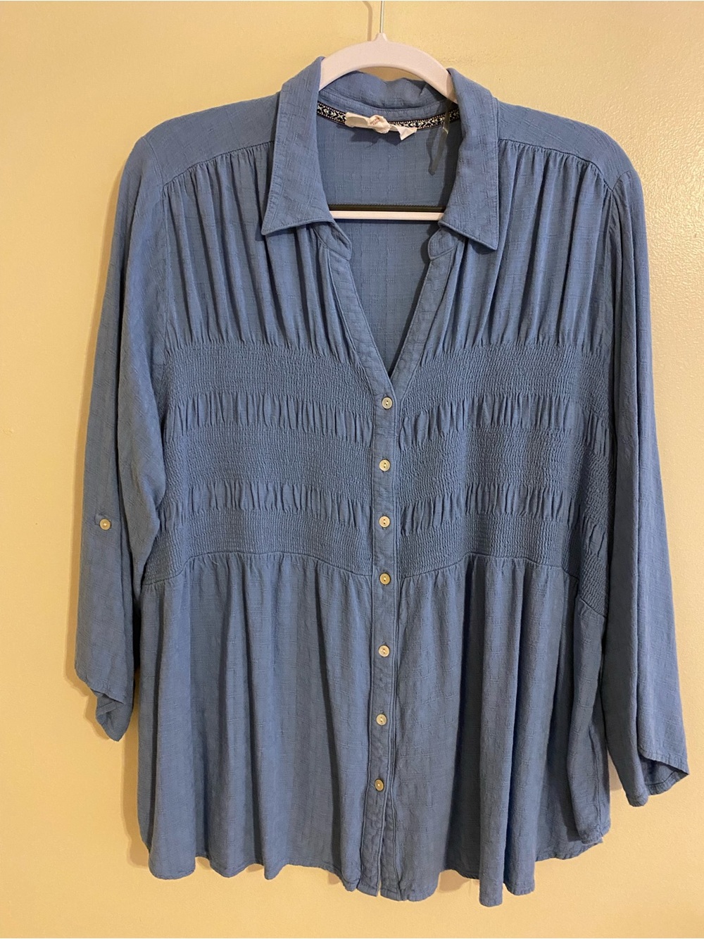 Relaxed Smocked Button-Front Blouse in Dusty Blue